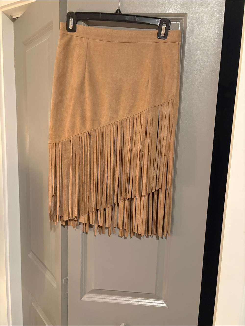 Asymmetrical Fringe Suede Skirt - Tan